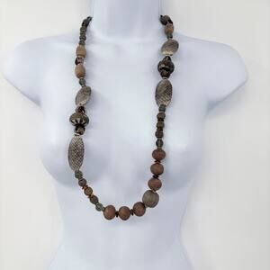 Vintage Chunky 34" Brown Beaded Necklace with Snakeskin Earthy Design